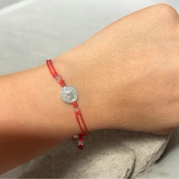 Chic Red Bracelet with Silver St Benedict Medallion